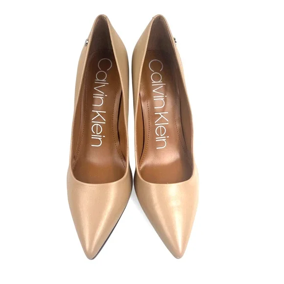 Calvin Klein Caramel Tan Leather Pumps 4" Stiletto Heels 9.5 Coquette Dress Shoe - Picture 3 of 6
